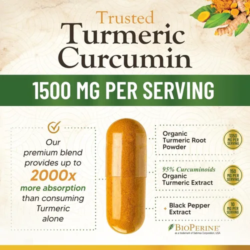 Miniatura 6 de Suplemento de curcumina de cúrcuma de 1500 mg, pimienta negra orgánica tumérica y bioperina para una mejor absorción con 95% de curcuminoides, apoyo