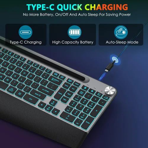 Miniatura 5 de JOYACCESS Ergonomic Wireless Keyboard with Phone Holder,Rechargeable Backlit Wireless Keyboard with Wrist Rest and Volume Knob for Laptop, PC, Mac
