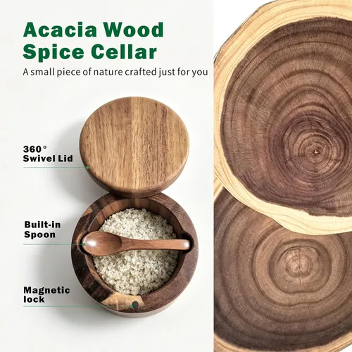 Miniatura 3 de ThougrLyh Bodega de sal, recipiente de sal de madera de acacia con tapa y cuchara, etiqueta de caja de sal grabada desmontable y cierre magnético