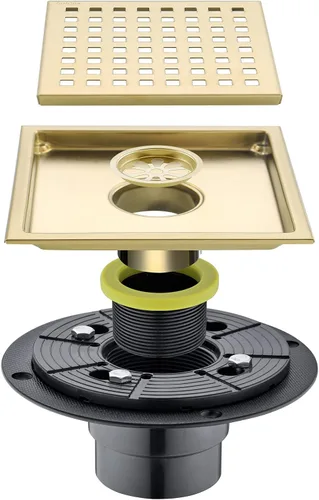 Miniatura 2 de Drenaje de ducha de 6 pulgadas en oro cepillado, kit de drenaje cuadrado para piso de ducha de acero inoxidable con rejilla de inserción de azulejos