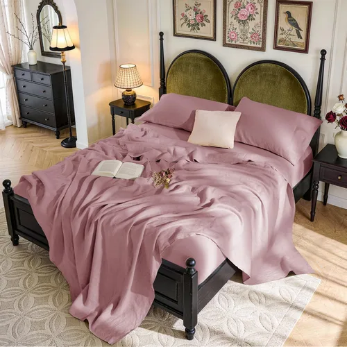 Miniatura 29 de SONORO KATE Sábanas de cama de lino francés 100% puro, tamaño Queen, sábanas de cama de lino transpirables y duraderas, antidesgarro, lavables a