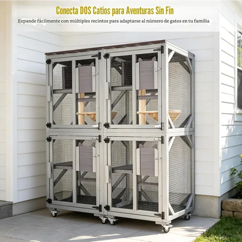 Miniatura 7 de Aivituvin Catio - Caja para gatos con ruedas, casa para gatos al aire libre con techo resistente a la intemperie, 3 plataformas, jaula portátil