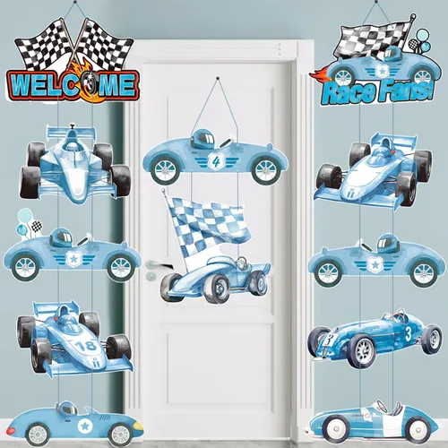 Miniatura 7 de Letrero de porche de carreras de autos de carreras, decoración de cumpleaños de carreras, autos de carreras azules, pancartas recortadas para colgar