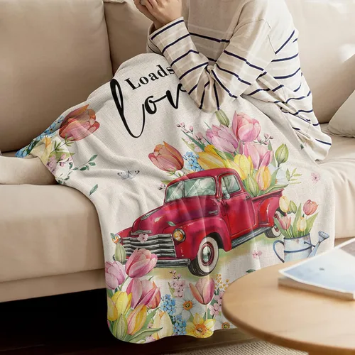 Miniatura 3 de Manta de Pascua de camión rojo, tulipán, manta suave y cálida, manta de franela de flores y mariposas para sofá, cama, manta para el Día