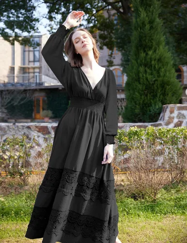 Miniatura 23 de Vestido largo de encaje para mujer de manga corta y cuello en V, vestido de fiesta estilo bohemio con cintura fruncida, vestido bohemio para mujer