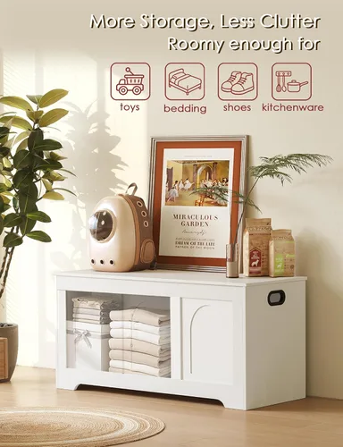 Miniatura 9 de DINZI LVJ Baúl de almacenamiento, caja de juguetes de madera de 39.4 pulgadas con 2 bisagras de seguridad, banco de zapatos de entrada con tapa