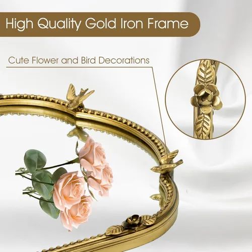 Miniatura 2 de Espejo de pared ovalado dorado de 19 x 32 pulgadas, espejo decorativo con marco de cuentas de metal, bonito patrón de pájaros y flores, espejo