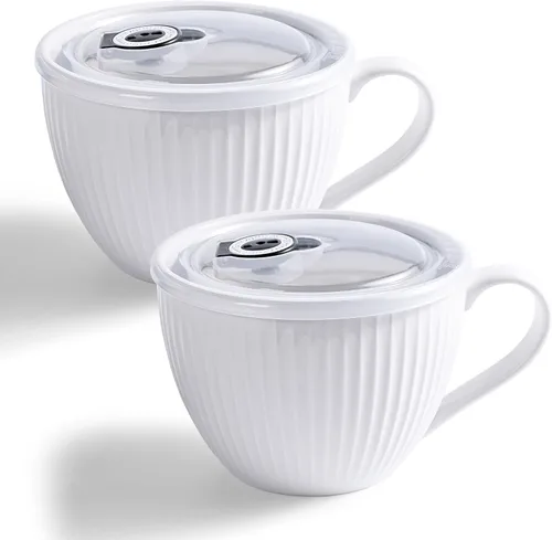 Miniatura 32 de Tazón de sopa de cerámica con asa de 32 onzas – Tazón de ramen para microondas con tapa, tazas y tazas de sopa para cereales, avena, ramen, fideos