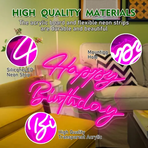 Miniatura 6 de Letrero de neón de feliz cumpleaños, reutilizable, luz LED de neón rosa, decoración de fiesta de cumpleaños, funciona con USB, decorativo para telón