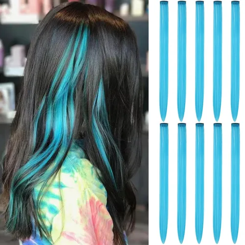 Miniatura 10 de Extensiones de cabello negro con clip, 10 piezas de 22 pulgadas de largo, rectas de colores lisos, accesorios sintéticos, extensiones con clip