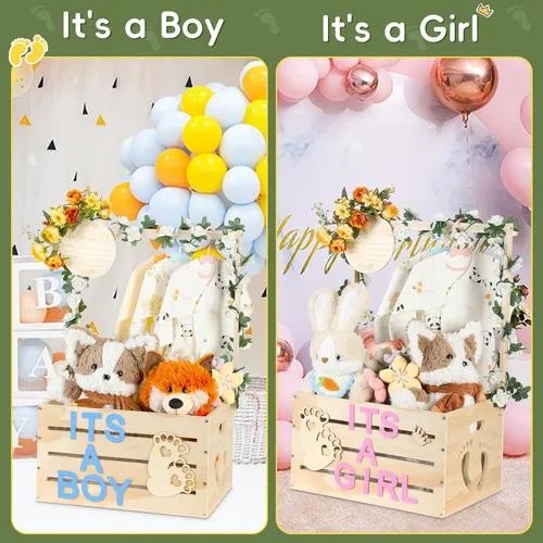 Miniatura 3 de Gran Caja de Madera para Baby Shower, Cesta Personalizable para Baby Shower con Asa y Guirnalda, Caja de Madera para Recién Nacida Niña o Niño