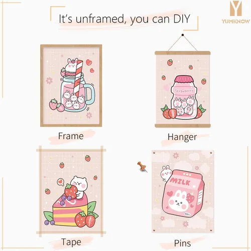 Miniatura 7 de Decoración de pared de anime japonés Kawaii para comedor, bonita decoración de cocina rosa, carteles estéticos de conejo y fresa, impresiones