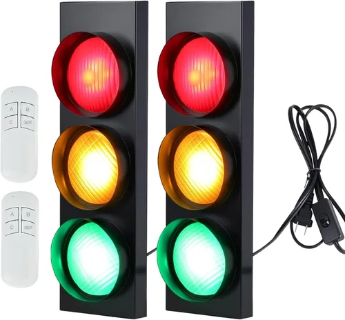 Miniatura 7 de HOMIER Lámpara de pared de semáforo, lámpara LED de tráfico de estilo retro con control remoto, decoración de luz de parada de tráfico de sala
