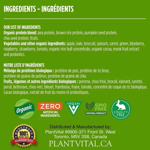 Miniatura 7 de PlantVital Proteína vegana en polvo a base de plantas, proteína orgánica en polvo de chocolate, 0.85 oz/0.00 oz de azúcar, 12 superalimentos