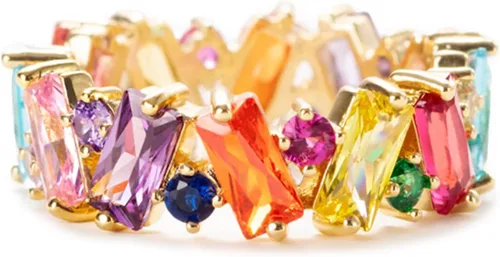 STORYJEWELLERY Anillo colorido de arcoíris, anillos de eternidad de corte esmeralda para mujer, anillos de circonita cúbica chapados en oro de 18