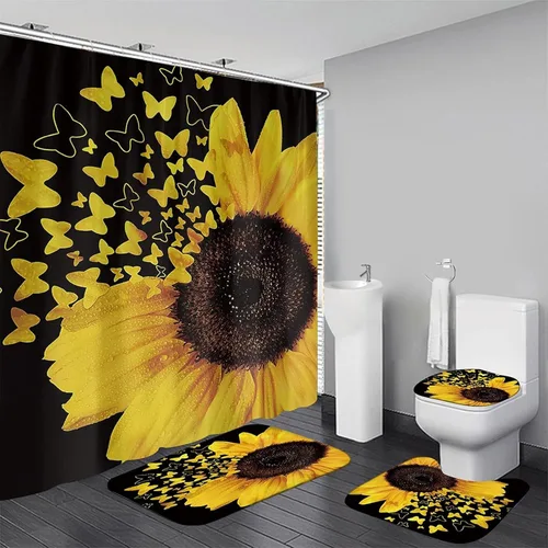 Miniatura 8 de AZHM Juego de 4 piezas de cortinas de ducha con alfombras Juego de baño de girasol decoración citas inspiradoras cortinas de baño juego de ducha