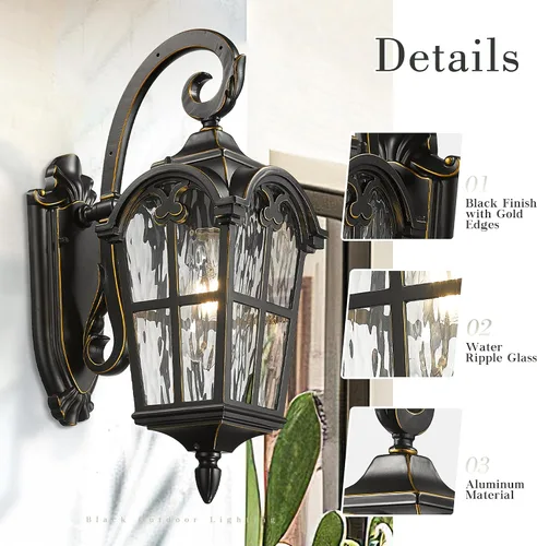 Miniatura 5 de Emliviar Aplique de Pared Vintage para Exteriores con Vidrio de Ondas de Agua, Linterna de Pared para Porche Delantero de 17.5", Acabado Negro