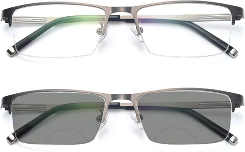 Miniatura 6 de Negocios Casual Hombres Ultraligero Metal Cuadrado Medio Marco Transición Bifocal Lente Gris Gafas de Lectura Presbíopes