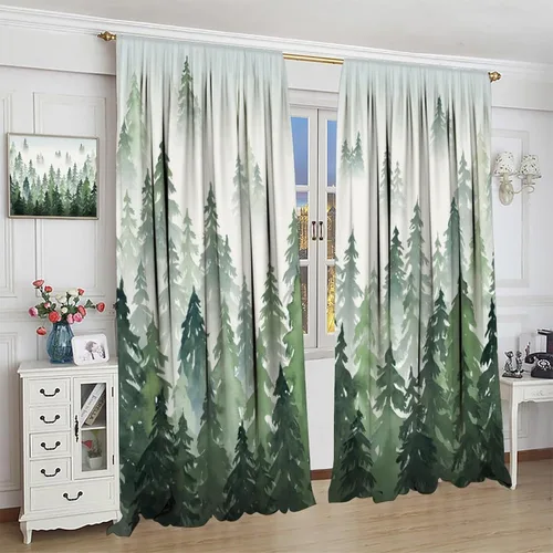 Miniatura 4 de Cortina de árbol de bosque verde, pino, coníferas, bosque, acuarela, oscurecimiento de habitación, ventana, bolsillo para barra, cortina