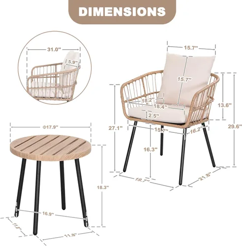 Miniatura 4 de NUU GARDEN Juego de 3 piezas para patio bistró, mesa de mimbre para exteriores y 2 sillas, muebles compactos beige para porche, patio trasero, junto