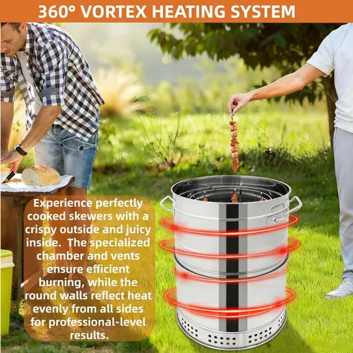 Miniatura 3 de Parrilla vertical 2 en 1 para ahumar, barbacoa de carbón portátil de acero inoxidable sin humo de 360°, para barbacoa al aire libre, campamento