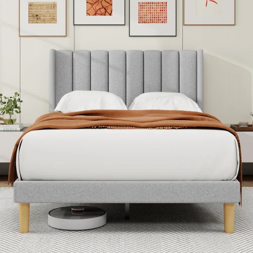 Miniatura 26 de alazyhome - Marco de cama tapizado de plataforma tamaño Queen con cabecera, soporte de listones de madera, sin ruido, fácil montaje, terciopelo beige