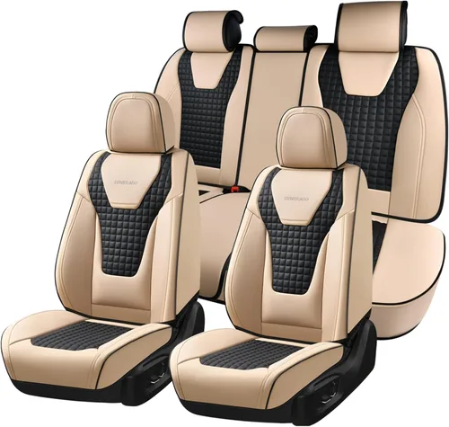 Miniatura 34 de Coverado Fundas de asiento de automóvil, juego completo de fundas de asiento de cuero sintético, fundas protectoras de asiento de lujo, ajuste Rojo