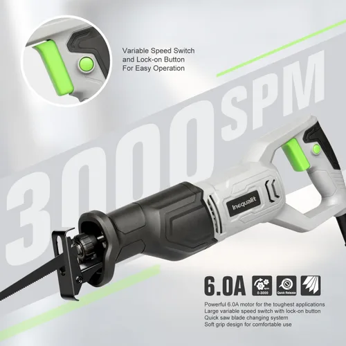 Miniatura 2 de Sierra de vaivén, sierra recíproca con cable de velocidad variable de 6 amperios 3000SPM con longitud de carrera de 4/5 pulgadas, profundidad