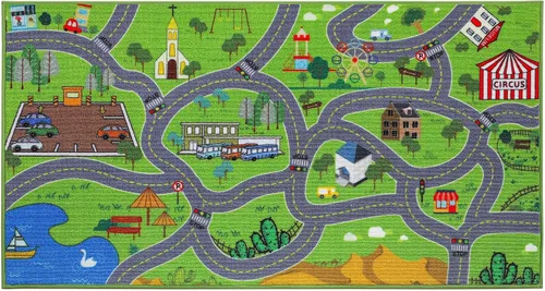 Miniatura 11 de BEQHAUSE Alfombra de juego para niños, alfombra de tráfico de ciudad verde, ideal para jugar con autos, alfombra de área de juegos de 32 x 60