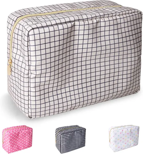 Miniatura 100 de izuzta Bolsa de maquillaje pequeña de nylon para bolso, linda bolsa de cosméticos con cremallera, bolsa de maquillaje preppy, Azul, Mini 2-Azul
