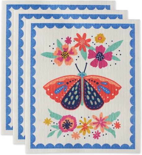 DII Paños suecos para cocina y limpieza, reutilizables, lavables a máquina y aptos para lavavajillas, biodegradables, 7.75 x 6.75, Butterfly Folk, 3