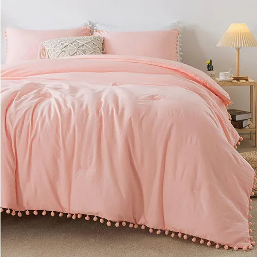 Juego de edredón bohemio de color rosa melocotón tamaño matrimonial (79 x 90 pulgadas), 3 piezas para todas las estaciones (edredón con flecos y 2