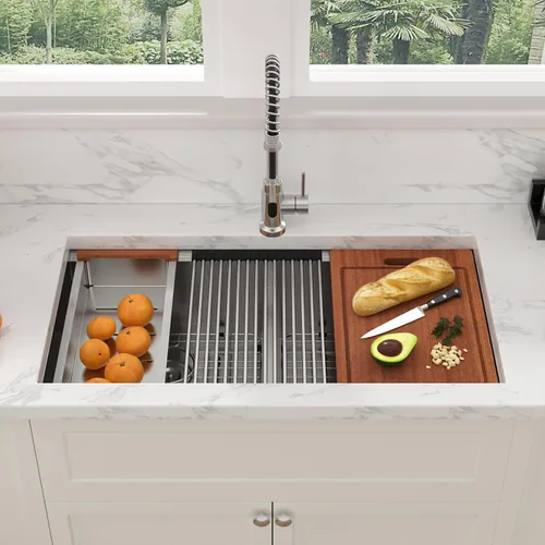 Miniatura 22 de Sarlai 28 Fregadero de cocina bajo encimera de doble tazón - Fregadero bajo encimera de acero inoxidable de 28x19 pulgadas de calibre 16, con repisa