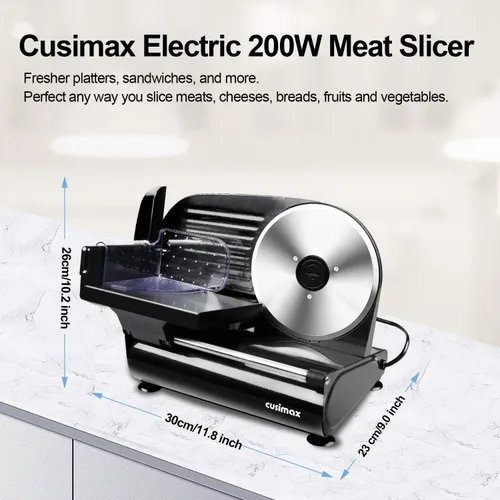 Miniatura 5 de Rebanadora de Carne, CUSIMAX Rebanadora Eléctrica de Embutidos para el Hogar, 2 Cuchillas Extraíbles de Acero Inoxidable de 7.5'' y Empujador, Negro