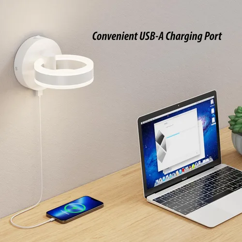 Miniatura 5 de Apliques de pared LED con interruptor de encendido/apagado, accesorios de pared con cable giratorio blanco, puerto de carga USB integrado