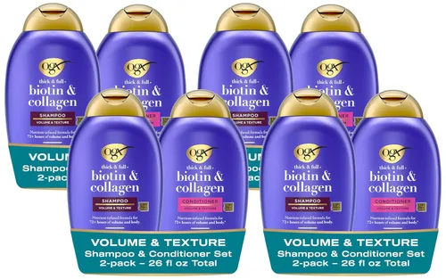 OGX Grueso y completo + biotina y colágeno para volumen y cuerpo del cabello, sin sulfato, juego de champú y acondicionador para cabello fino y