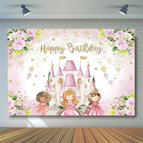 Miniatura 3 de Avezano Telón de fondo de cumpleaños de castillo de princesa, rosa, floral, decoración de fiesta de cumpleaños para niñas dulces, estrellas doradas