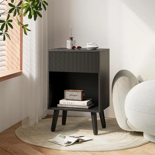 Miniatura 6 de Mesita de noche, mesa auxiliar moderna con cajones de almacenamiento y estante de madera abierto, mesita de noche con patas de madera maciza, mesas