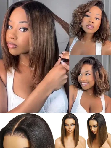 Miniatura 10 de UNICE Yaki Peluca Bob Recta de Cabello Humano con Cordón Adiós Nudos Sin Pegamento 7x5 Pelucas Frontales de Encaje de Cabello Humano Pre Desplumadas