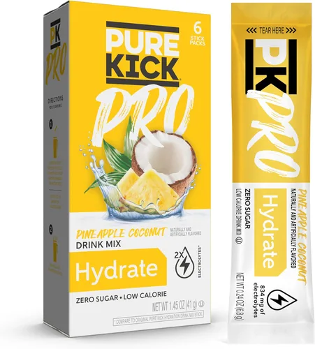 PURE KICK PRO Mezcla para bebida de electrolitos de hidratación, Piña y Coco, Incluye 1 caja con 6 sobres en cada caja