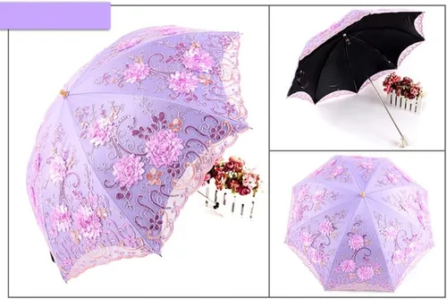 Miniatura 153 de Honeystore Sombrilla bordada con flor 3D plegable UV con encaje clásico