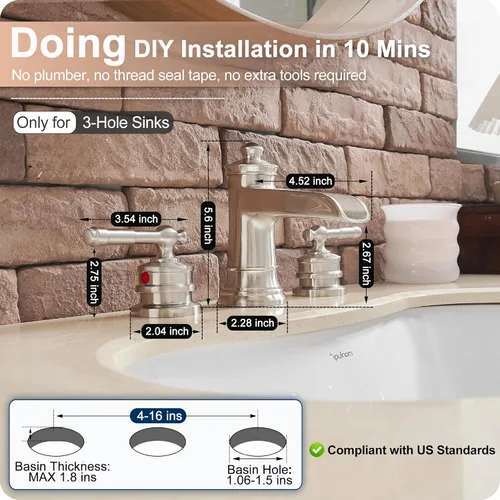 Miniatura 6 de Grifo de baño generalizado de 4 a 16 pulgadas de níquel cepillado, grifo de cascada de latón para fregadero de baño, 2 asas con mangueras de agua