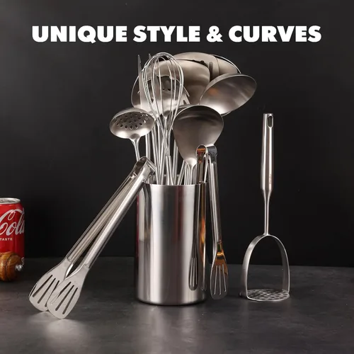 Miniatura 5 de Juego de utensilios de cocina de acero inoxidable 18/10, 16 cucharas de cocina pequeñas y grandes de metal, utensilios para servir, batidor, 16
