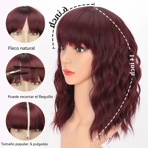 Miniatura 7 de AISI HAIR Peluca rizada estilo Bob con flequillo, pelucas cortas onduladas de color rojo vino para mujer, estilo Bob, pelucas sintéticas resistentes