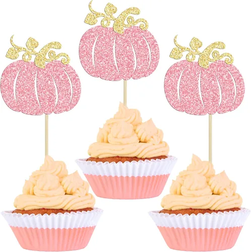 Miniatura 16 de 24 adornos para cupcakes de calabaza para niños o niñas con purpurina para revelación de género, decoración para cupcakes de calabaza, pies