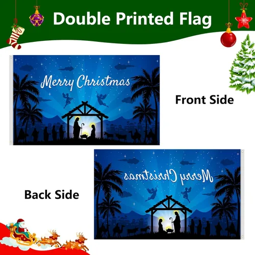 Miniatura 2 de Bandera de Navidad de 3 x 5 pies, doble impresa, nacimiento religioso de Jesús, Natividad Santa Noche Santa Feliz Navidad, telón de fondo colgante