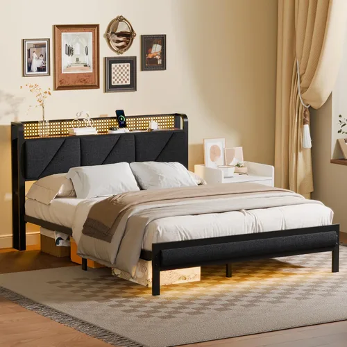 Miniatura 9 de Furnulem Base de cama Queen con cabecero y estante de almacenamiento, luz LED y estación de carga, cama de plataforma de metal con listones