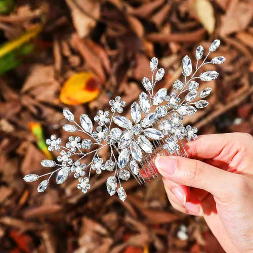 Miniatura 8 de Catery Peines de pelo de cristal para novias, accesorios de flores para novias y mujeres, paquete de 1 (plateado)