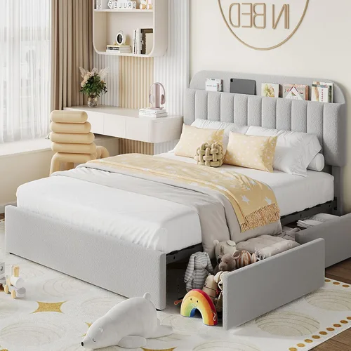 Miniatura 12 de IDEALHOUSE Base de cama individual para niños, cama plataforma tapizada con botones para niños/niñas con 2 cajones flexibles, cabecero tipo