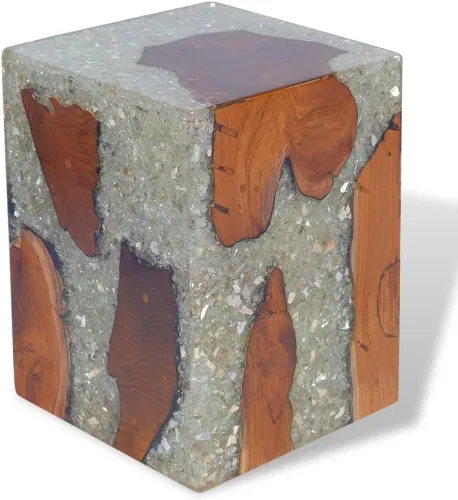 Miniatura 5 de Taburete de madera maciza de teca y resina, taburete de tocón de árbol con borde vivo, mesa auxiliar de borde natural, soporte para plantas, mesita